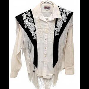 Vintage Wanted! Western 4 Pc. Set Shirt/Vest/Skirt Black Denim Fringe Beaded Med